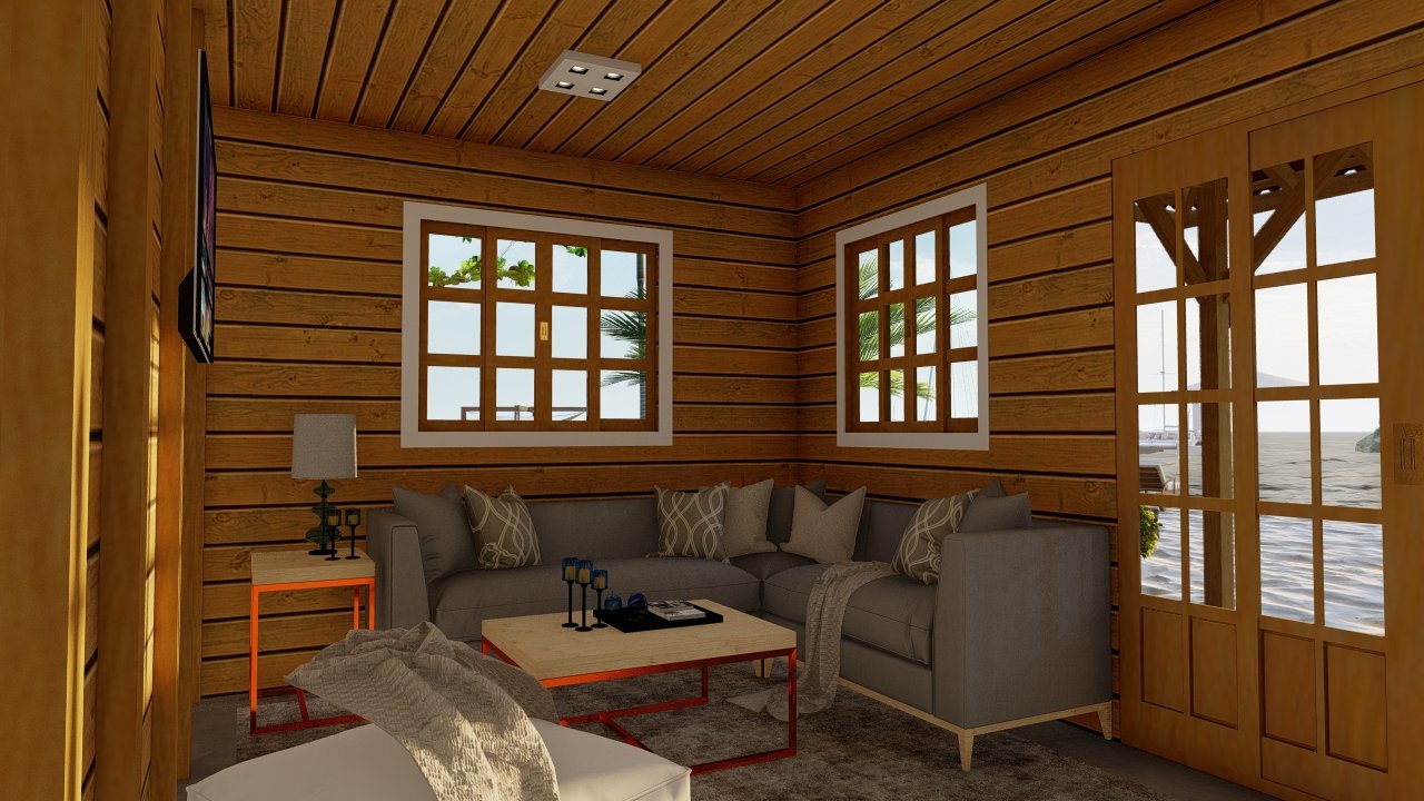 POP 2.4 45,81m² — Sala com sofá em foco POP 2.4 45,81m² pré-fabricado em madeira pinus autoclave — sala com sofá em foco