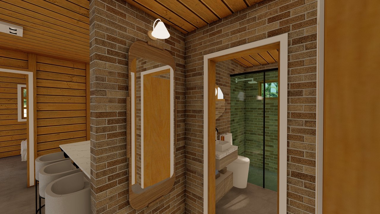 POP 2.4 45,81m² — Interior com visão da porta do banheiro POP 2.4 45,81m² pré-fabricado em madeira pinus autoclave — interior com visão da porta do banheiro