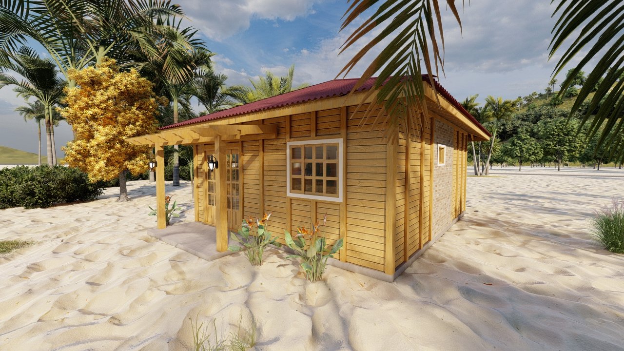 POP 2.4 45,81m² — Fachada principal parcial com lateral esquerda POP 2.4 45,81m² pré-fabricado em madeira pinus autoclave — fachada principal parcial com lateral esquerda