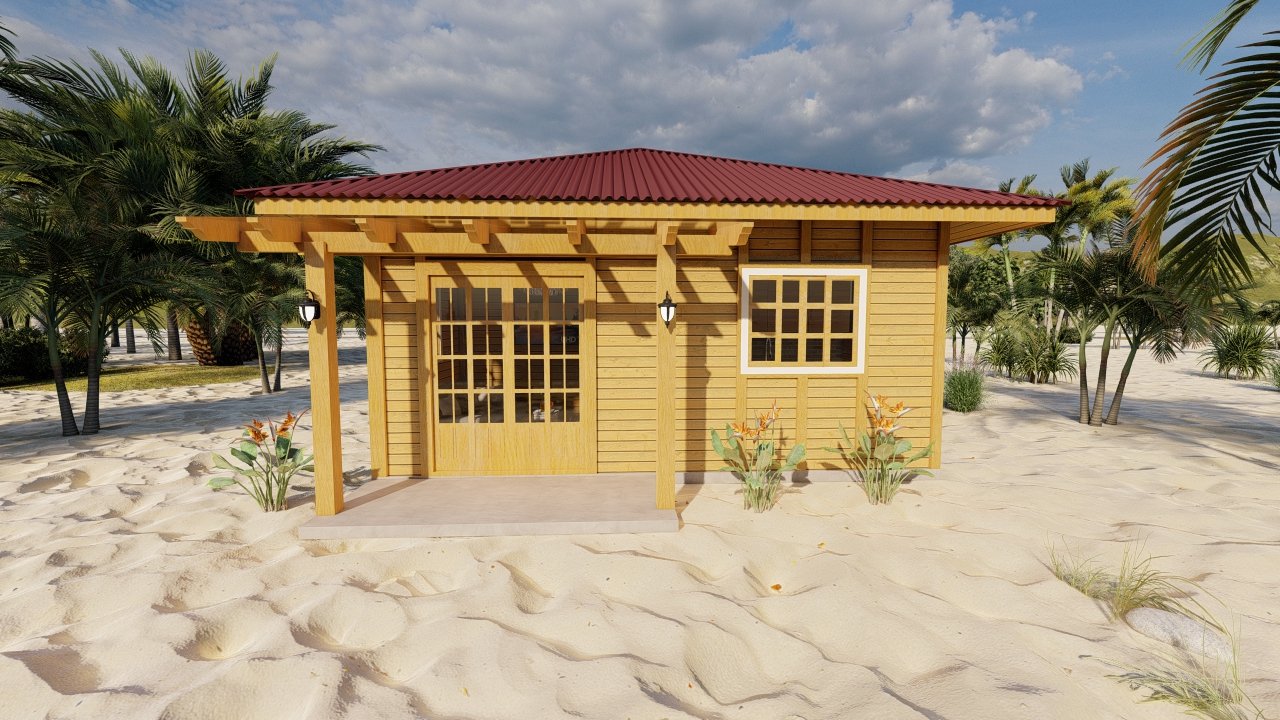 POP 2.4 45,81m² — Fachada principal em ângulo central POP 2.4 45,81m² pré-fabricado em madeira pinus autoclave — fachada principal em ângulo central