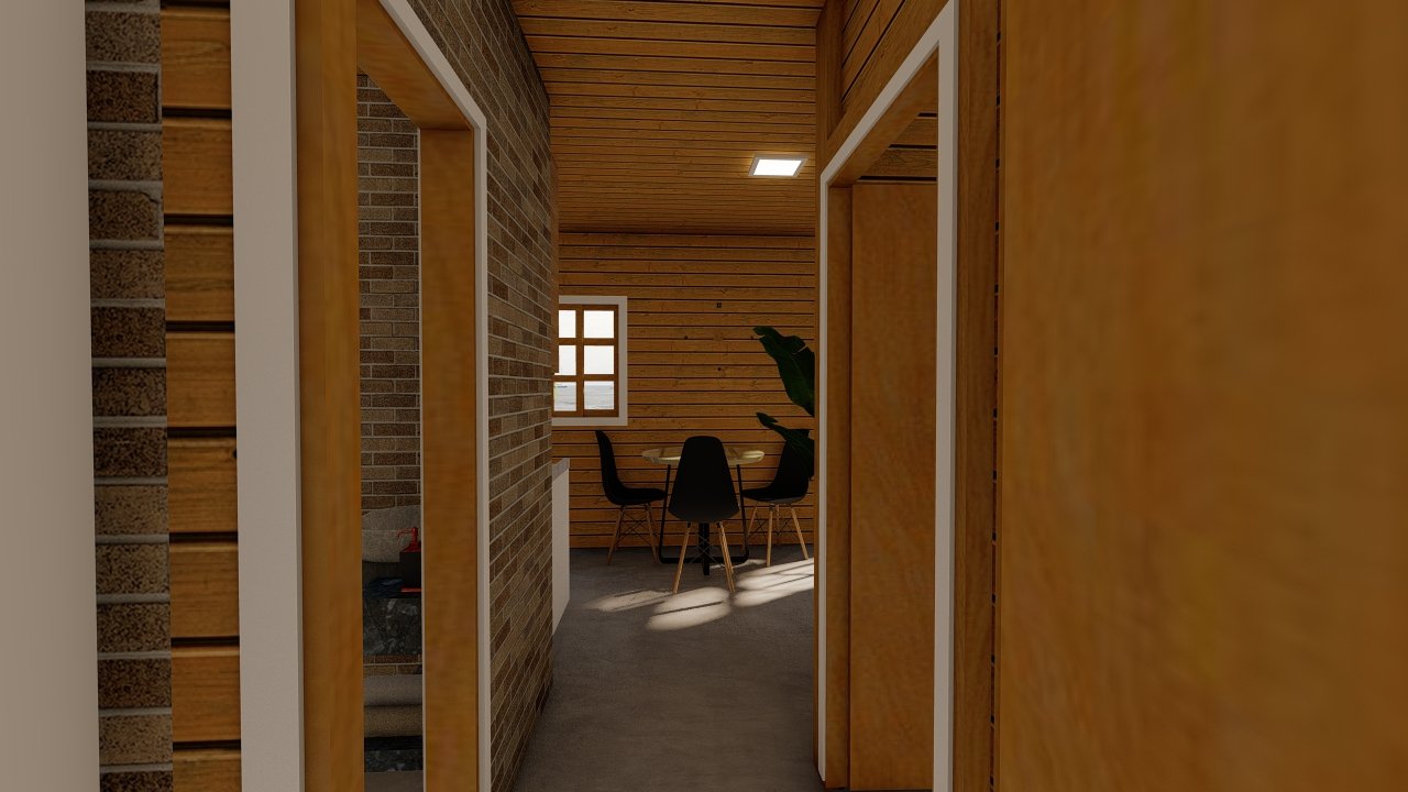 POP 2.4 45,81m² — Corredor com visão para sala e cozinha conjugadas POP 2.4 45,81m² pré-fabricado em madeira pinus autoclave — corredor com visão para sala e cozinha conjugadas