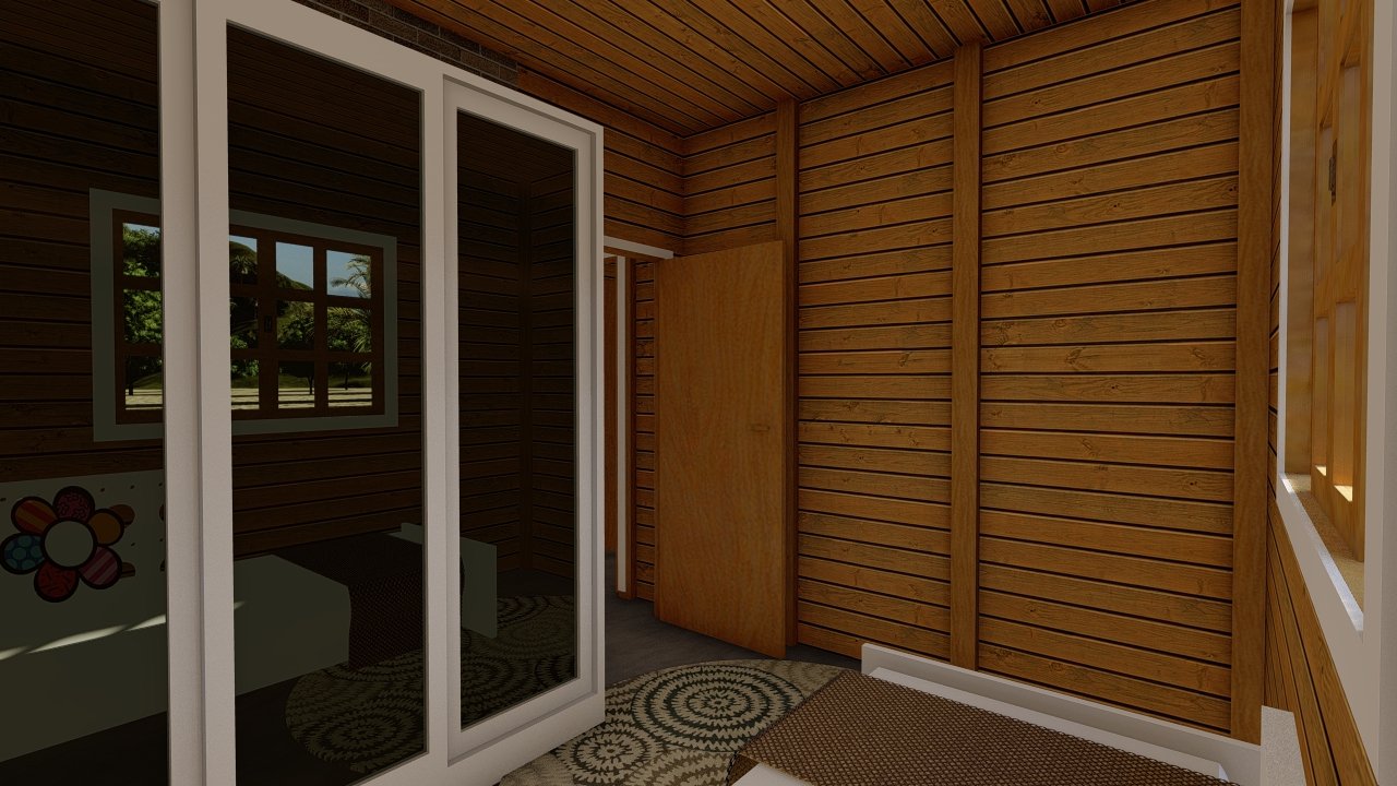 POP 2.4 45,81m² — Quarto principal com foco no guarda-roupa e porta de saída POP 2.4 45,81m² pré-fabricado em madeira pinus autoclave — quarto principal com foco no guarda-roupa e porta de saída