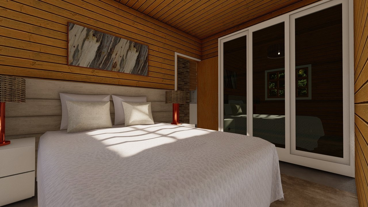 POP 2.4 45,81m² — Quarto principal em outro ângulo POP 2.4 45,81m² pré-fabricado em madeira pinus autoclave — quarto principal em outro ângulo