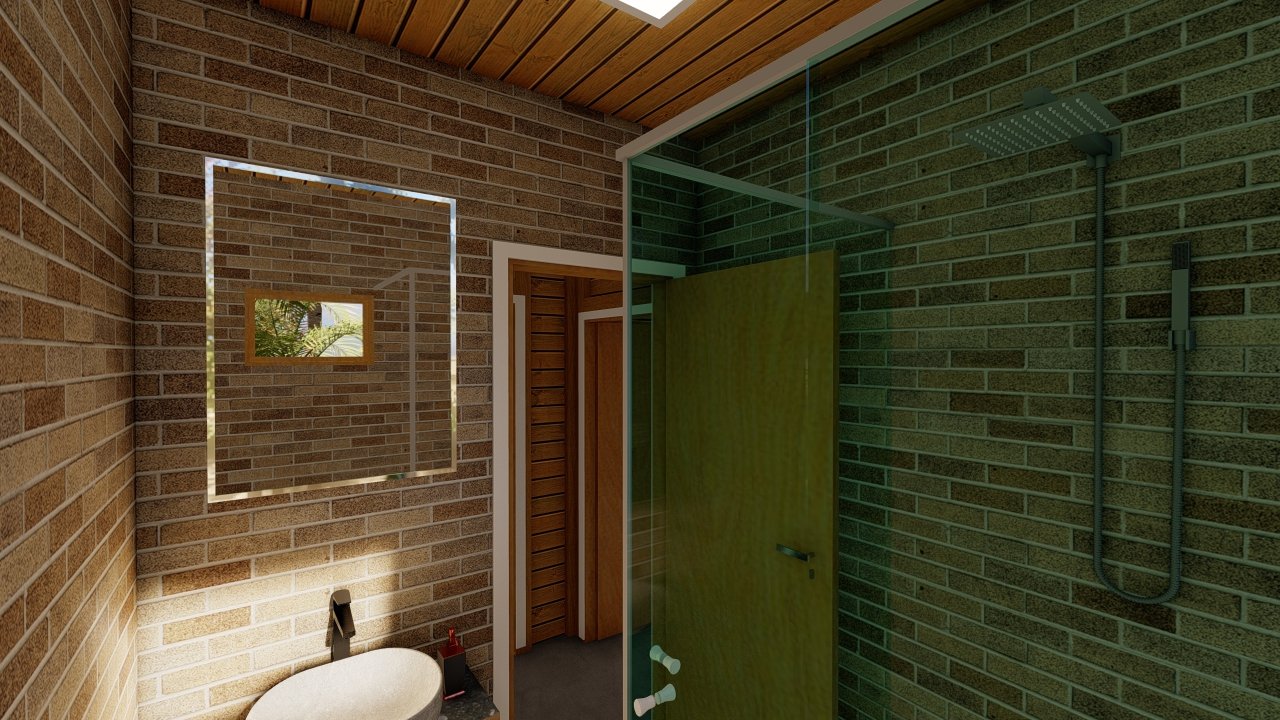 POP 2.4 45,81m² — Banheiro com visão do box, pia e lavabo POP 2.4 45,81m² pré-fabricado em madeira pinus autoclave — banheiro com visão do box, pia e lavabo