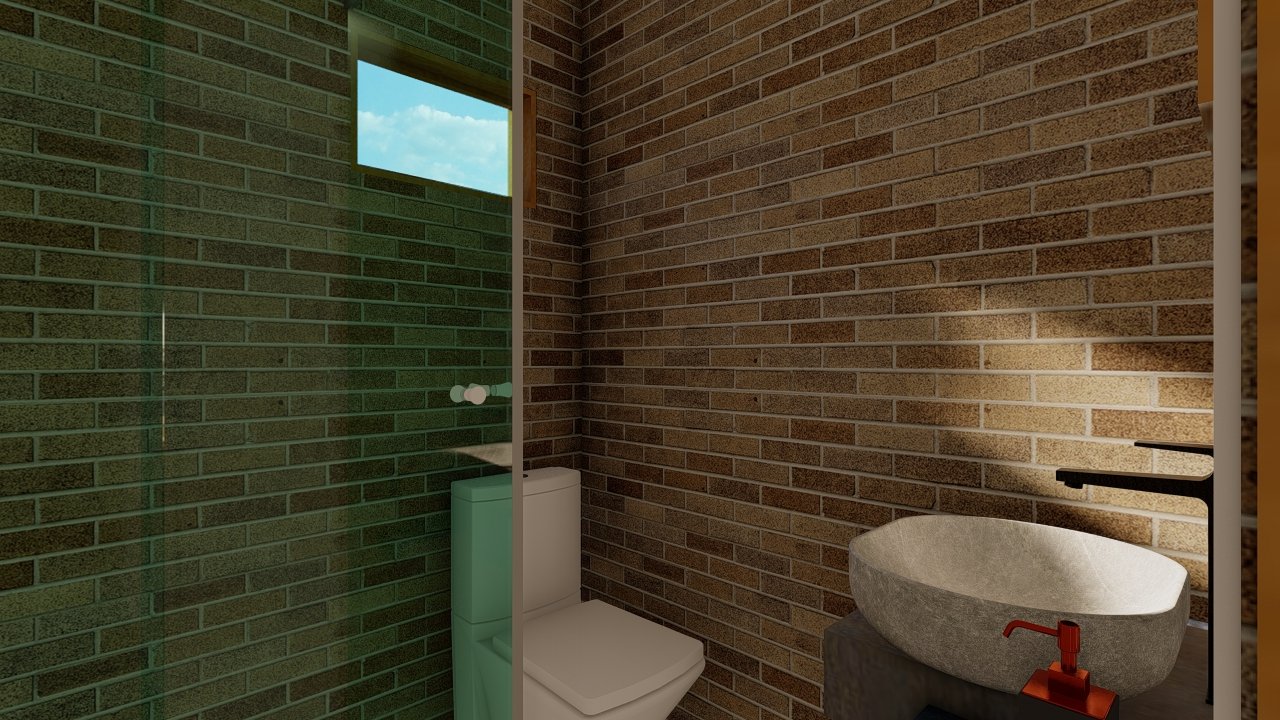 POP 2.4 45,81m² — Banheiro com visão do box, pia e lavabo POP 2.4 45,81m² pré-fabricado em madeira pinus autoclave — banheiro com visão do box, pia e lavabo