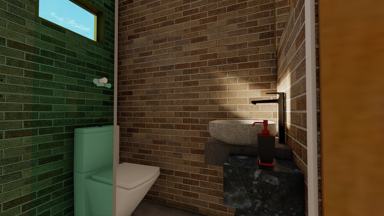 POP 2.4 45,81m² — Banheiro em visão baixa mostrando vaso, pia e box POP 2.4 45,81m² pré-fabricado em madeira pinus autoclave — banheiro em visão baixa mostrando vaso, pia e box