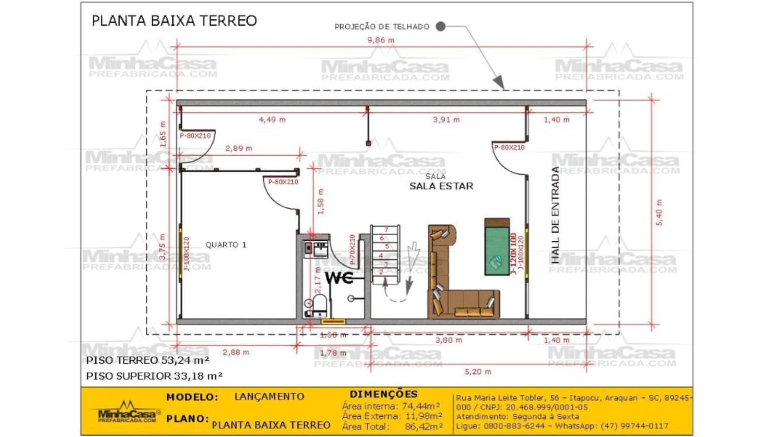 Planta térrea com cozinha e sala conjugadas Planta térrea com cozinha e sala conjugadas