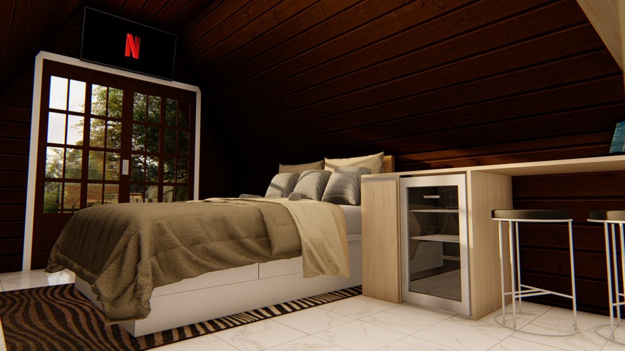 Interior completo da Pousada POP 1.5 Vista geral interna da Pousada POP 1.5, mostrando quarto e áreas integradas