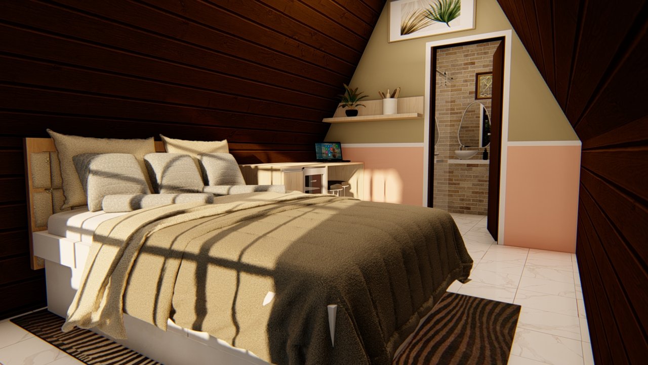 Vista geral do quarto e acesso ao banheiro – Pousada POP 1.5 Perspectiva interna ampla mostrando quarto e porta do banheiro na Pousada POP 1.5