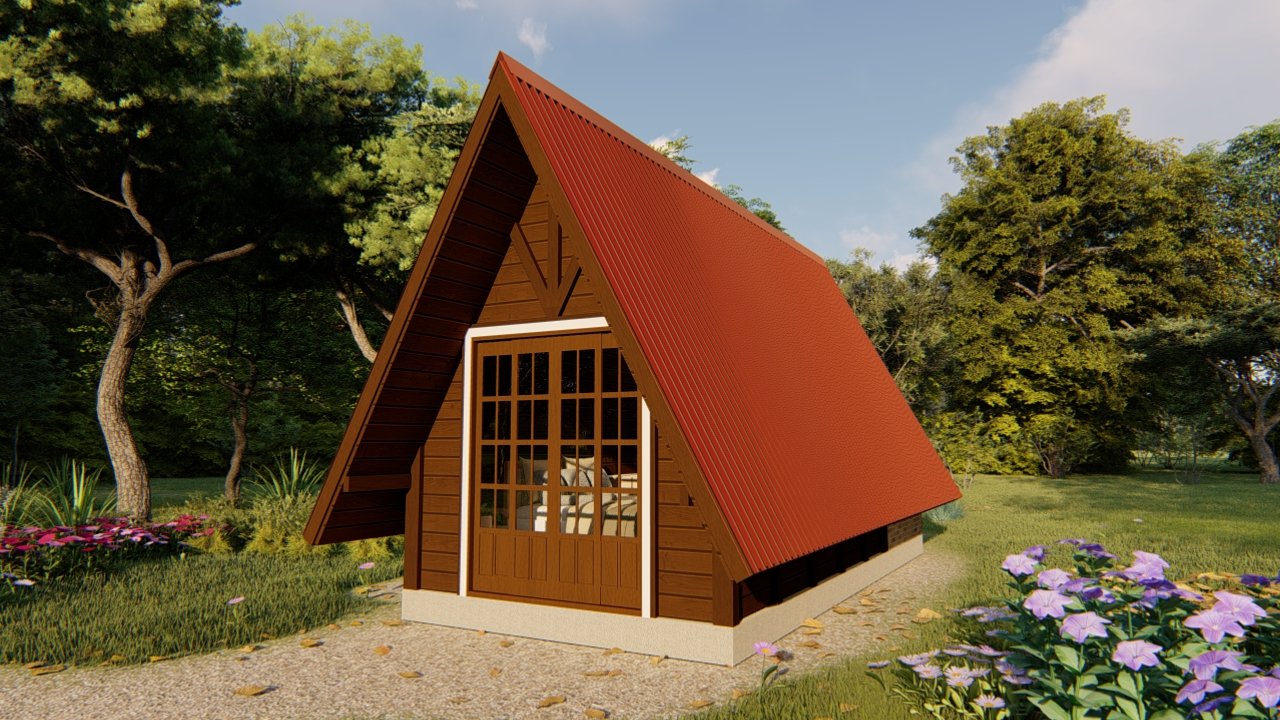 Fachada principal com lateral direita da Pousada POP 1.5 Vista em 3D da Pousada POP 1.5, mostrando fachada frontal e lateral direita