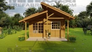POP 1.4 37,35m² pré-fabricado em madeira pinus autoclave — fachada principal centralizada