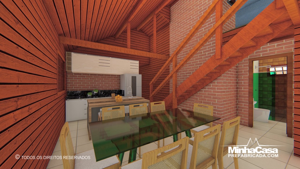 Casa pré-fab com cozinha moderna e sala de jantar integrada Casa pré-fab com cozinha moderna e sala de jantar integrada