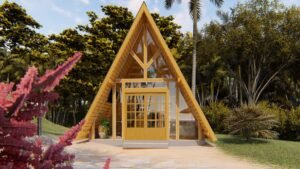 Fachada principal do modelo Pousada POP 1-8 de 32m² em 3D