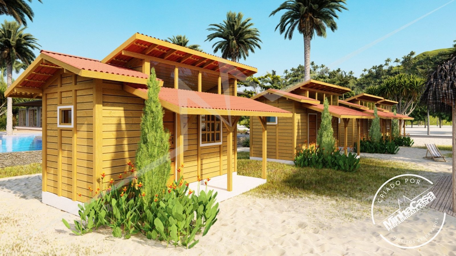 Tiny House TH01 — fachada com múltiplas unidades Tiny House TH01 em madeira pinus autoclave com várias unidades lado a lado