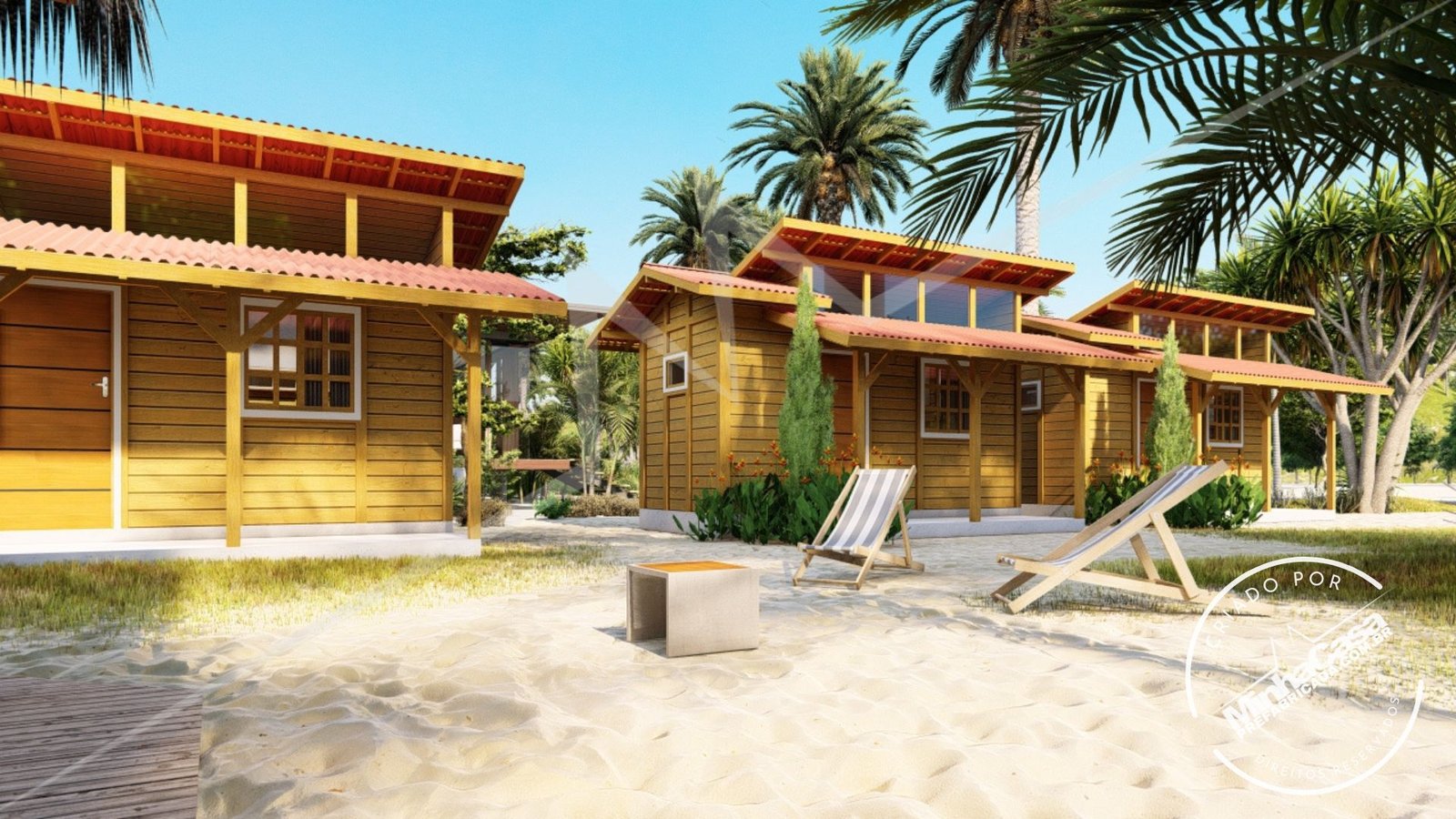 Tiny House TH01 — múltiplas unidades em visão distante Conjunto de Tiny House TH01 em madeira pinus autoclave visto de longe