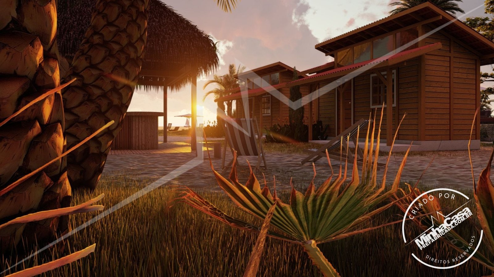 Tiny House TH01 — fachada ao pôr do sol Fachada da Tiny House TH01 com iluminação do pôr do sol