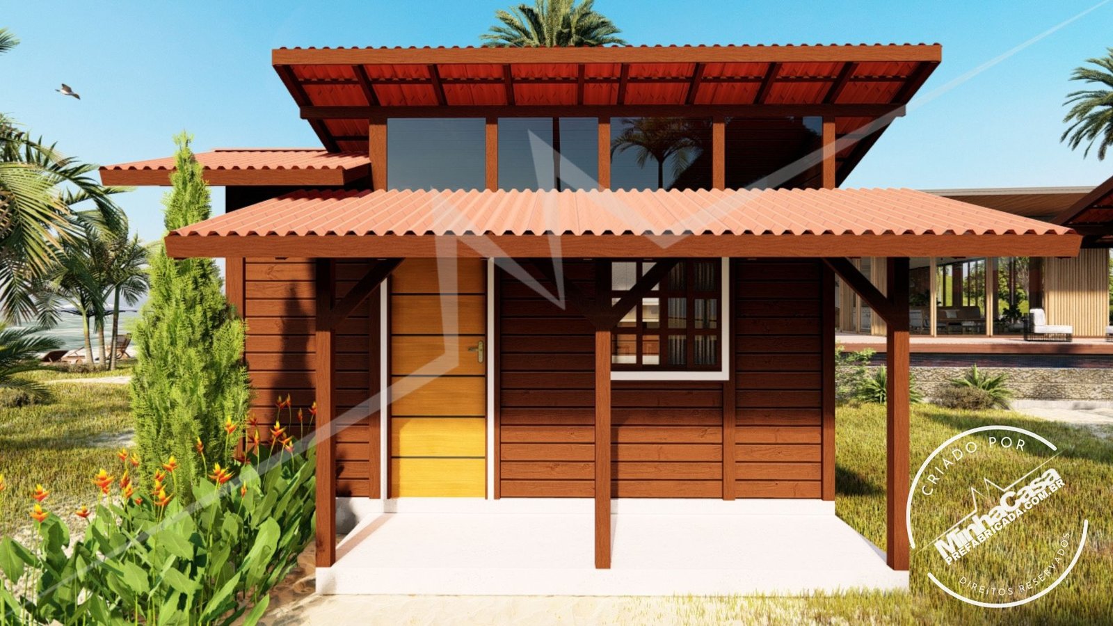 Tiny House TH01 — fachada cor mogno Fachada da Tiny House TH01 em madeira pinus autoclave cor mogno