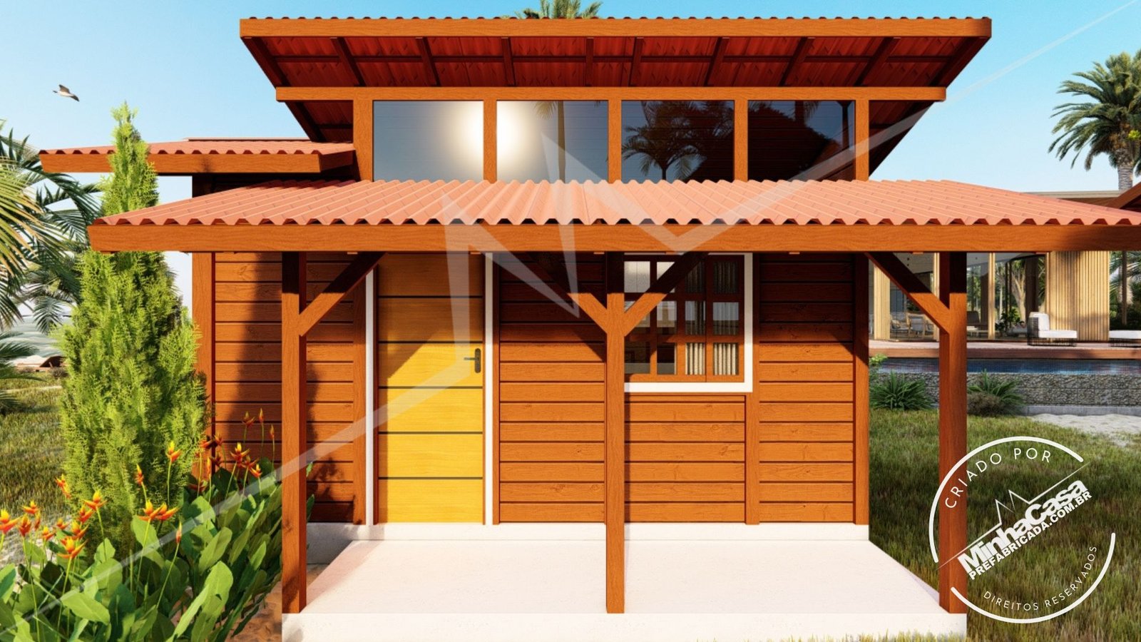 Tiny House TH01 — fachada cor cedro Fachada da Tiny House TH01 em madeira pinus autoclave cor cedro