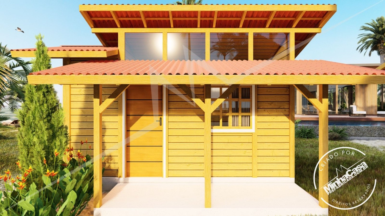 Tiny House TH01 — fachada cor natural Fachada da Tiny House TH01 em madeira pinus autoclave cor natural