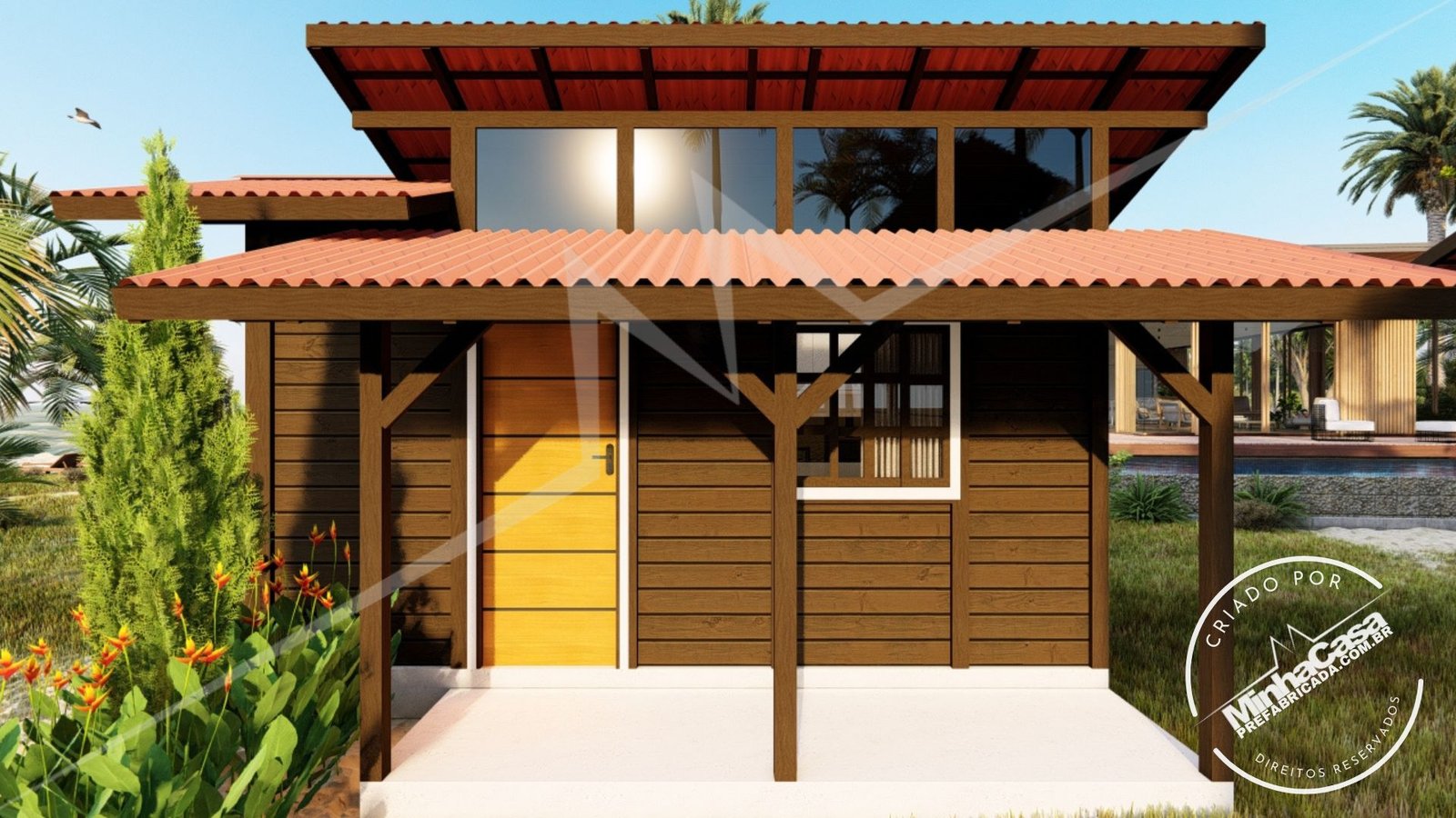 Tiny House TH01 — fachada cor nogueira Fachada da Tiny House TH01 em madeira pinus autoclave cor nogueira