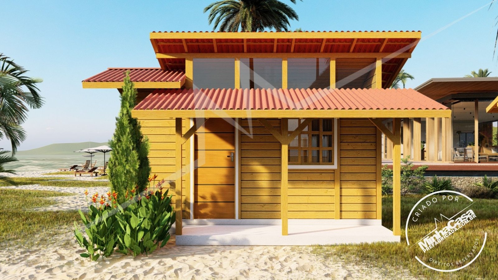 Tiny House TH01 pré-fabricada — fachada principal Fachada principal da Tiny House TH01 em madeira pinus autoclave