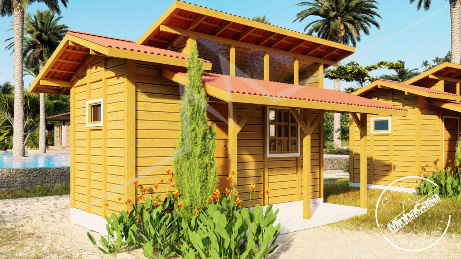 Tiny House TH01 — fachada em novo ângulo distante Tiny House TH01 pré-fabricada vista em outro ângulo distante