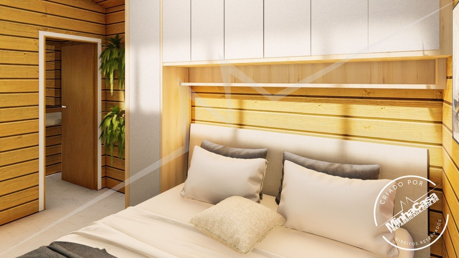 Tiny House TH01 — visão da suíte para o banheiro Visão da suíte da Tiny House TH01 em direção ao banheiro