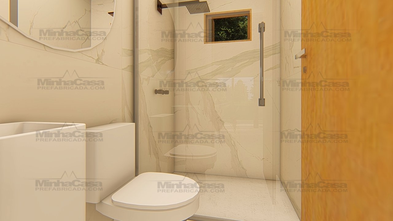 POP 2.5 de 62,42m² — Banheiro em foco POP 2.5 de 62,42m² pré-fabricado em madeira pinus autoclave — banheiro em foco