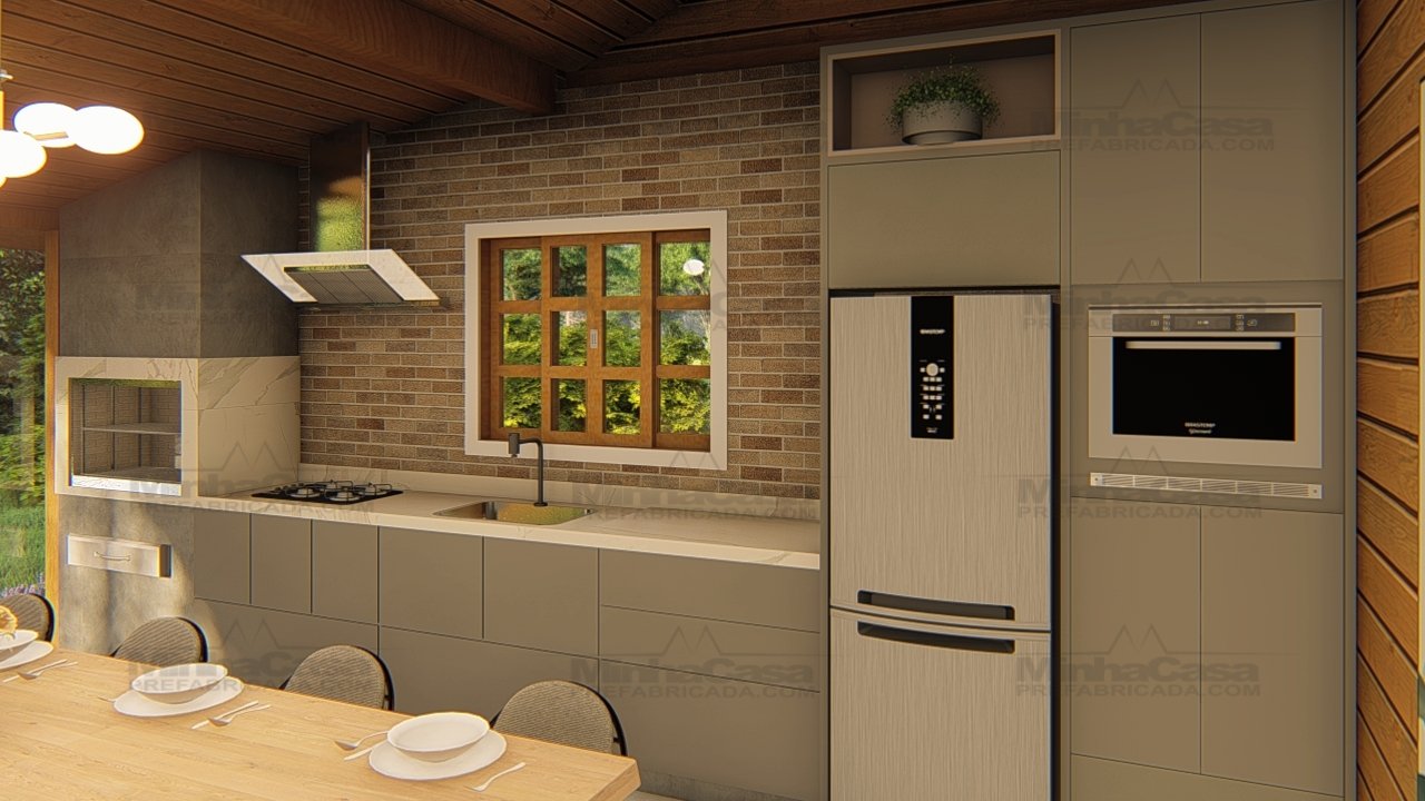 POP 2.5 de 62,42m² — Cozinha em foco em visão aproximada POP 2.5 de 62,42m² pré-fabricado em madeira pinus autoclave — cozinha em foco em visão aproximada