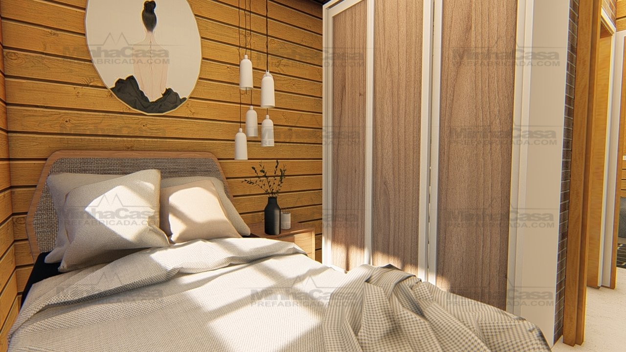 POP 2.5 de 62,42m² — Segundo quarto em foco POP 2.5 de 62,42m² pré-fabricado em madeira pinus autoclave — segundo quarto em foco