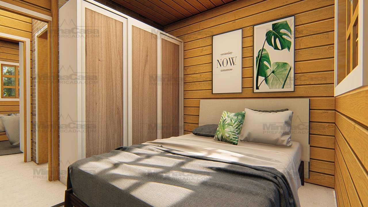 POP 2.5 de 62,42m² — Primeiro quarto em foco POP 2.5 de 62,42m² pré-fabricado em madeira pinus autoclave — primeiro quarto em foco