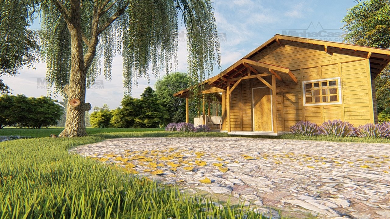 POP 2.5 de 62,42m² — Fachada principal em visão distante de baixo para cima POP 2.5 de 62,42m² pré-fabricado em madeira pinus autoclave — fachada principal em visão distante de baixo para cima