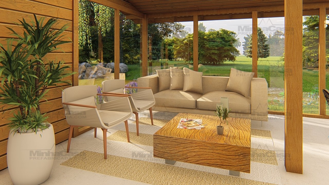 POP 2.5 de 62,42m² — Interior com destaque para lateral direita com fechamento em vidro POP 2.5 de 62,42m² pré-fabricado em madeira pinus autoclave — interior com destaque para lateral direita com fechamento em vidro