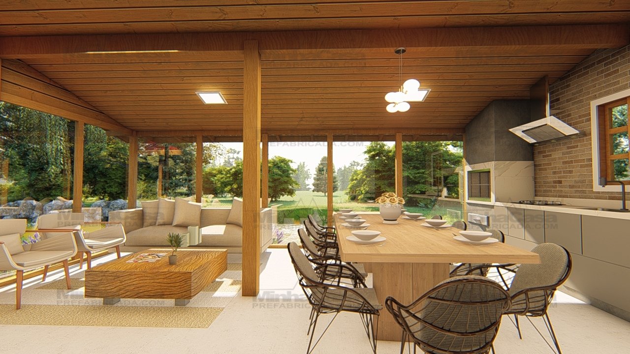 POP 2.5 de 62,42m² — Sala e cozinha em visão ampliada POP 2.5 de 62,42m² pré-fabricado em madeira pinus autoclave — sala e cozinha em visão ampliada