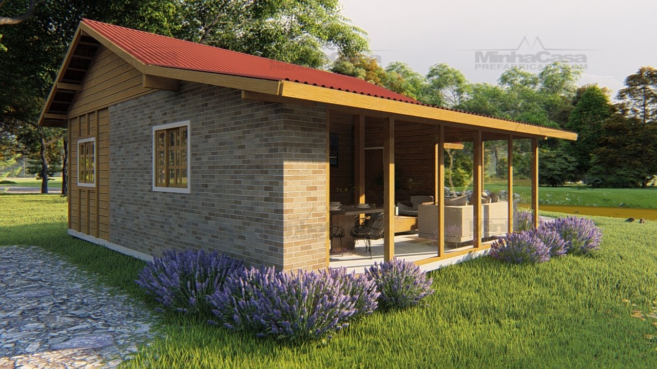 POP 2.5 de 62,42m² — Fachada posterior com lateral direita POP 2.5 de 62,42m² pré-fabricado em madeira pinus autoclave — fachada posterior com lateral direita