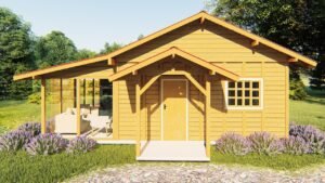 POP 2.5 de 62,42m² pré-fabricado em madeira pinus autoclave — fachada principal