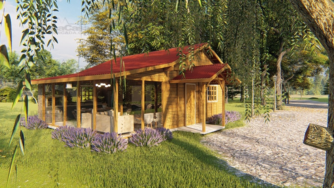 POP 2.5 de 62,42m² — Fachada principal com lateral direita em visão distante POP 2.5 de 62,42m² pré-fabricado em madeira pinus autoclave — fachada principal com lateral direita em visão distante