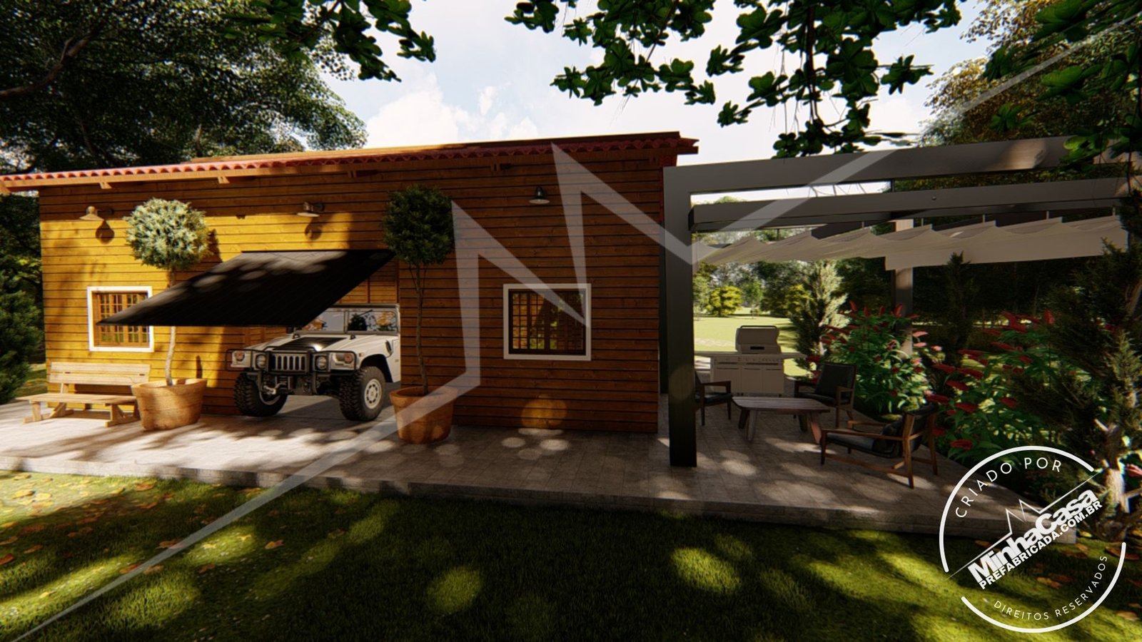 Galpão de 77m² — Fachada principal em outro ângulo Galpão de 77m² pré-fabricado em madeira pinus autoclave — fachada principal em outro ângulo