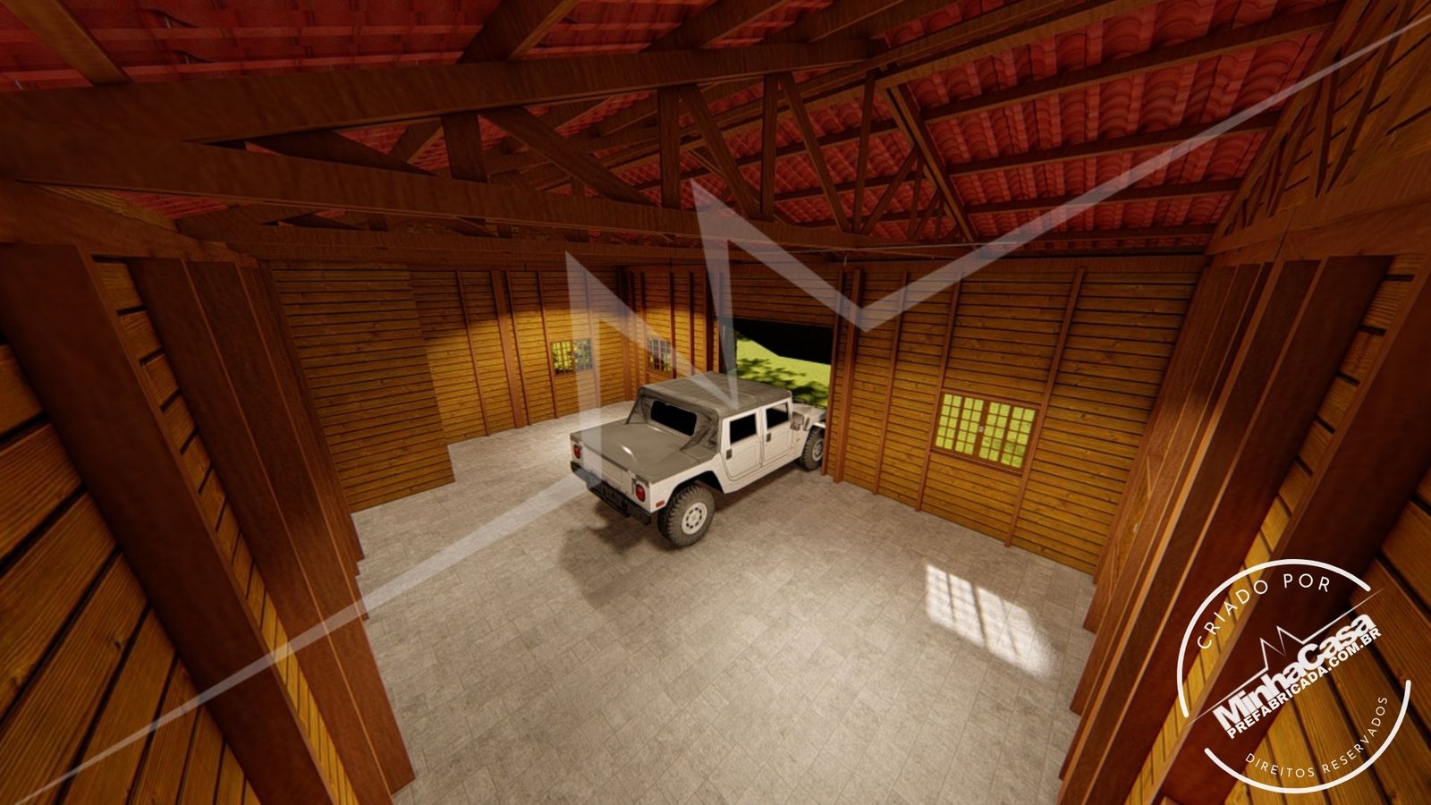 Galpão de 77m² — Interior do galpão em outro ângulo Galpão de 77m² pré-fabricado em madeira pinus autoclave — interior do galpão em outro ângulo