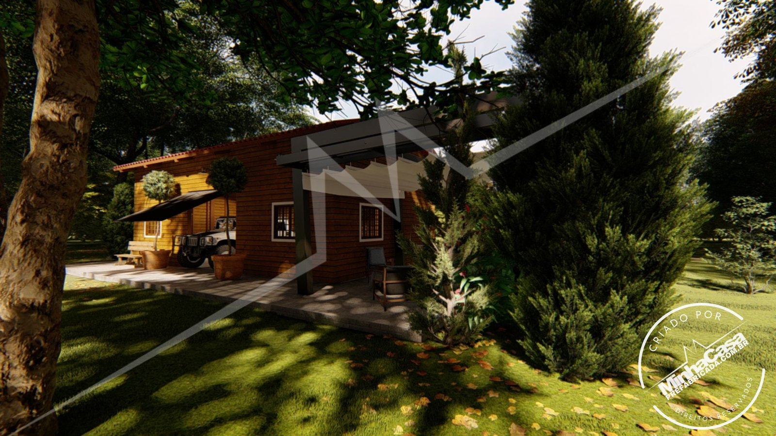 Galpão de 77m² — Fachada principal e lateral esquerda em visão distante Galpão de 77m² pré-fabricado em madeira pinus autoclave — fachada principal e lateral esquerda em visão distante