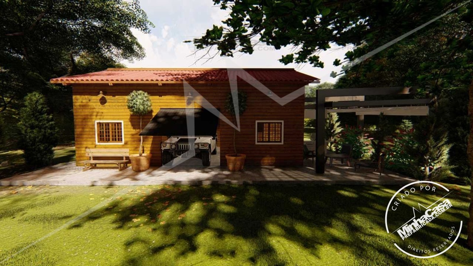 Galpão de 77m² — Fachada principal do galpão Galpão de 77m² pré-fabricado em madeira pinus autoclave — fachada principal do galpão