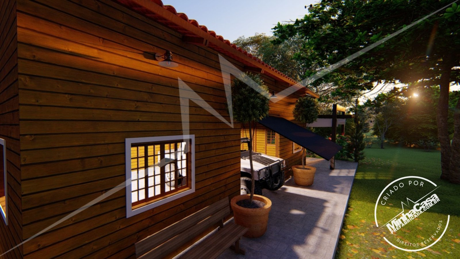 Galpão de 77m² — Fachada principal em ângulo de tarde Galpão de 77m² pré-fabricado em madeira pinus autoclave — fachada principal em ângulo de tarde