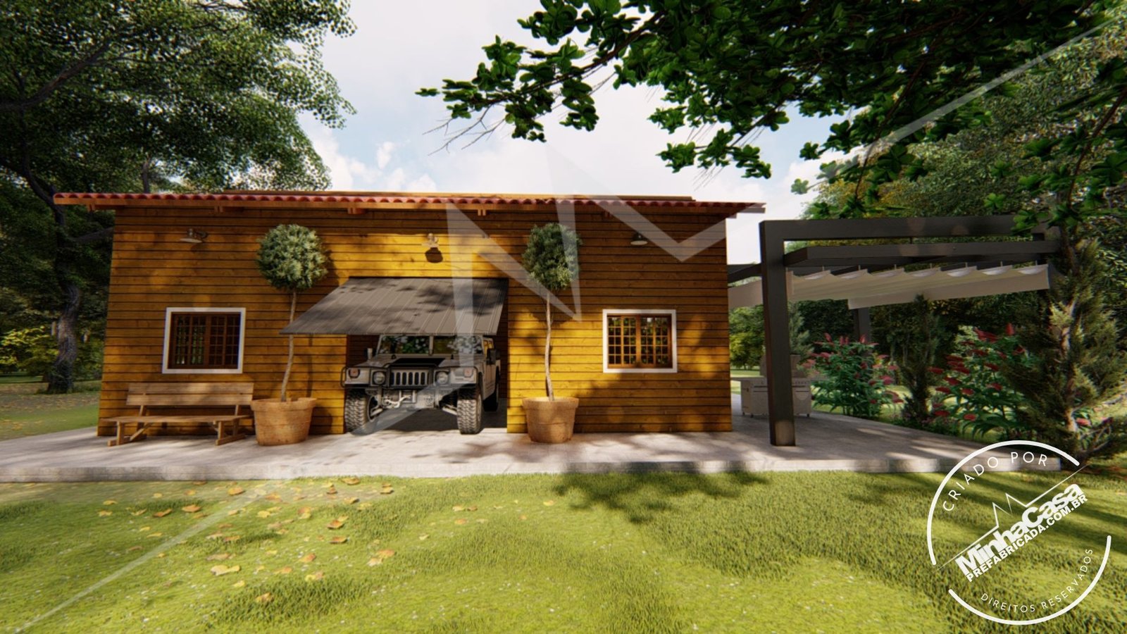 Galpão de 77m² — Fachada principal em visão mais baixa e centralizada Galpão de 77m² pré-fabricado em madeira pinus autoclave — fachada principal em visão mais baixa e centralizada