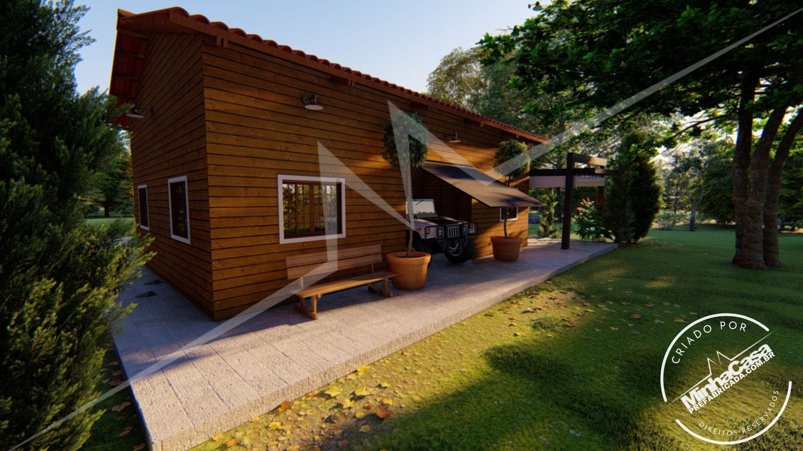 Galpão de 77m² — Fachada principal em ângulo de manhã Galpão de 77m² pré-fabricado em madeira pinus autoclave — fachada principal em ângulo de manhã