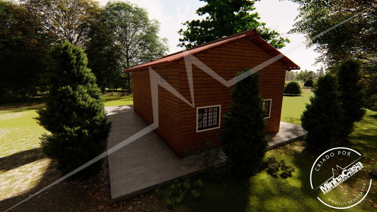 Galpão de 77m² — Parte posterior com lateral direita em outro ângulo Galpão de 77m² pré-fabricado em madeira pinus autoclave — parte posterior com lateral direita em outro ângulo