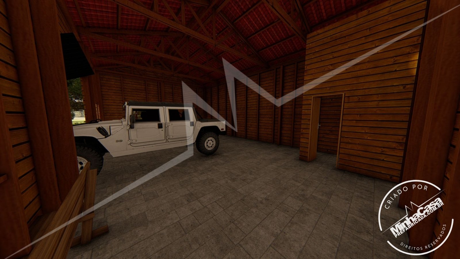 Galpão de 77m² — Interior amplo do galpão Galpão de 77m² pré-fabricado em madeira pinus autoclave — interior amplo do galpão