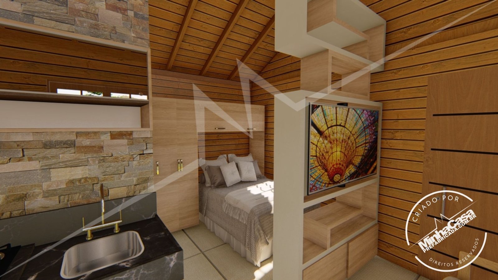 Interior da Tiny House TH02 – área da cama Área da cama no interior da Tiny House TH02
