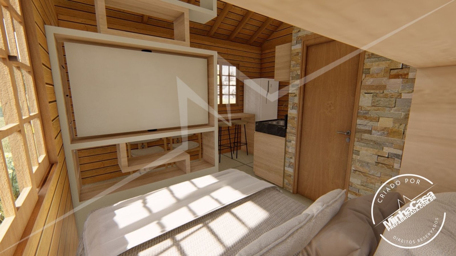 Interior da Tiny House TH02 – cama e acesso ao banheiro Vista da cama com porta do banheiro ao fundo