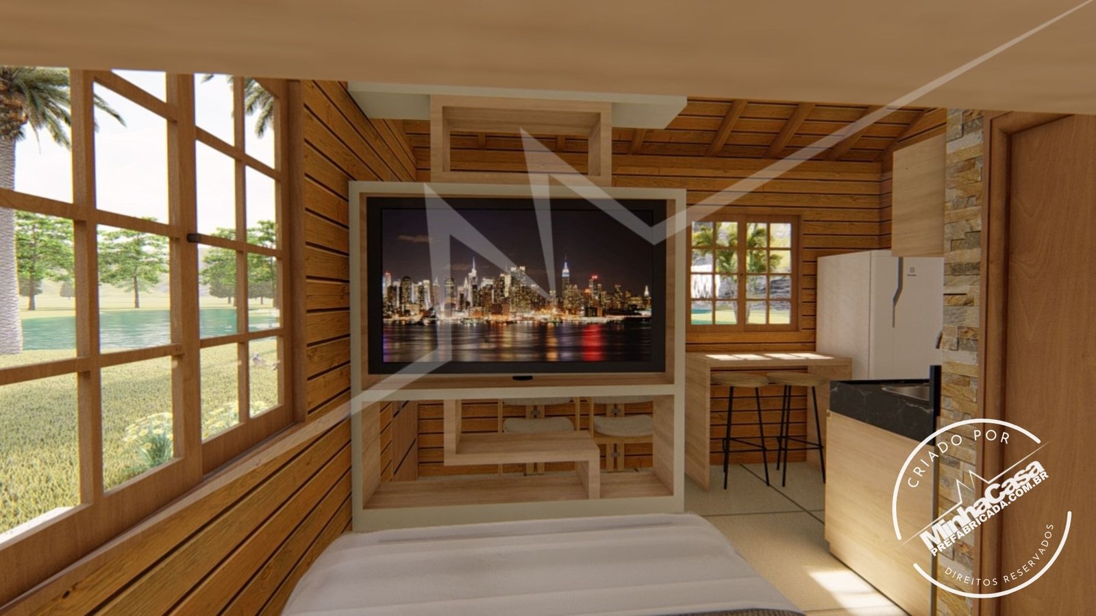 Interior da Tiny House TH02 – cama com televisão Área da cama com televisão na Tiny House TH02