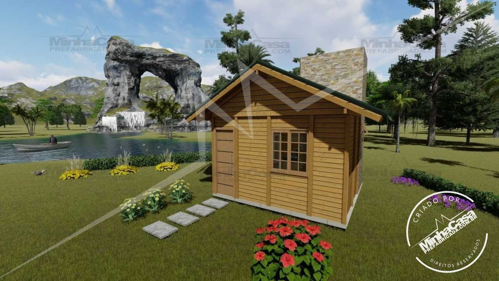 Fachada principal da Tiny House TH02 – 16 m² Fachada frontal do modelo Tiny House TH02 em madeira pinus autoclavada